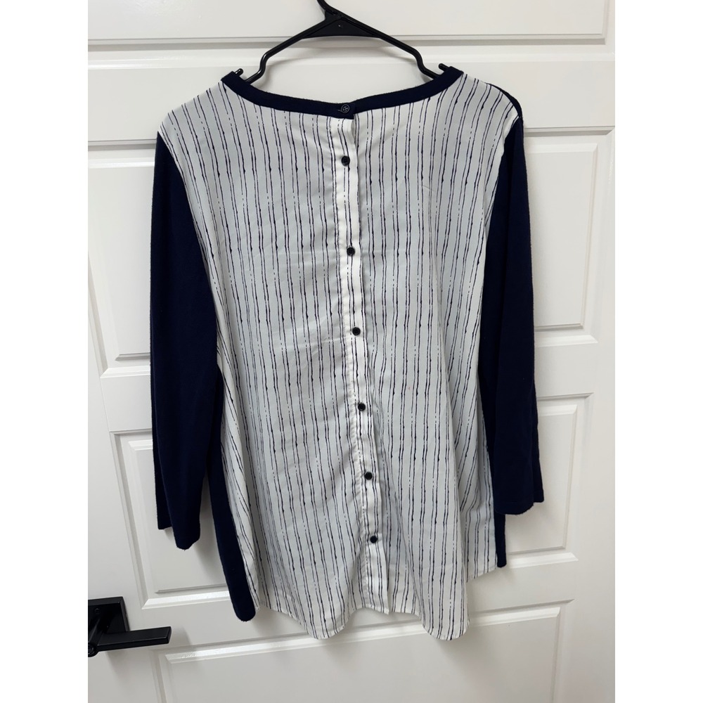 Jasmine & Juliana Women Navy Striped Button Back Mixed Media Sweater Large